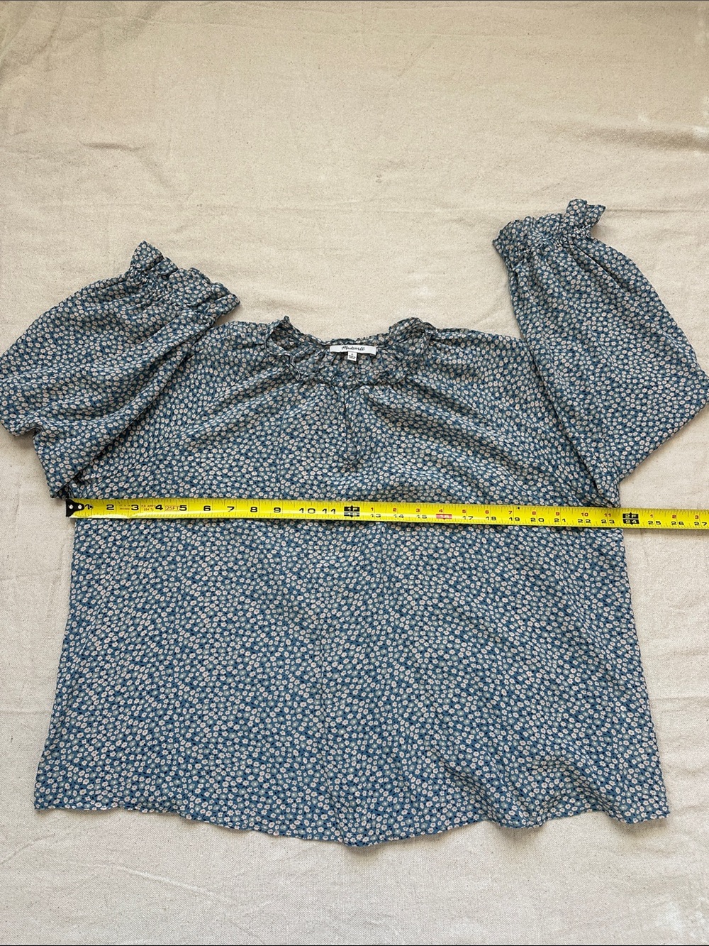 Madewell 100% Silk Ruffle Neck Boho Poet Sleeve Blouse in Ditsy Blue Floral L - Picture 8 of 11